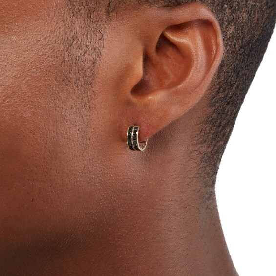 Square Black Cubic Zirconia Double Row Huggie Hoop Earrings in 10K Gold