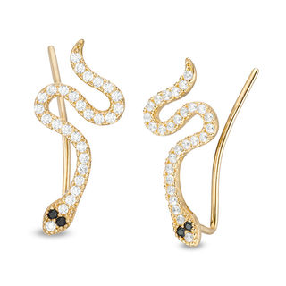 Black and White Cubic Zirconia Snake Crawler Earrings in 10K Gold