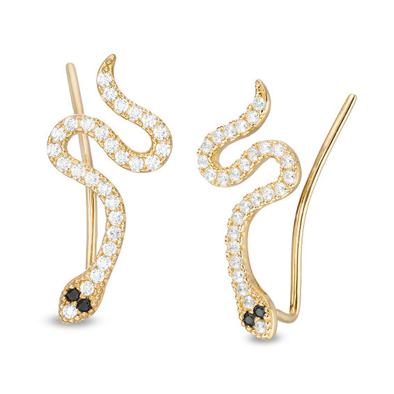 Black and White Cubic Zirconia Snake Crawler Earrings in 10K Gold