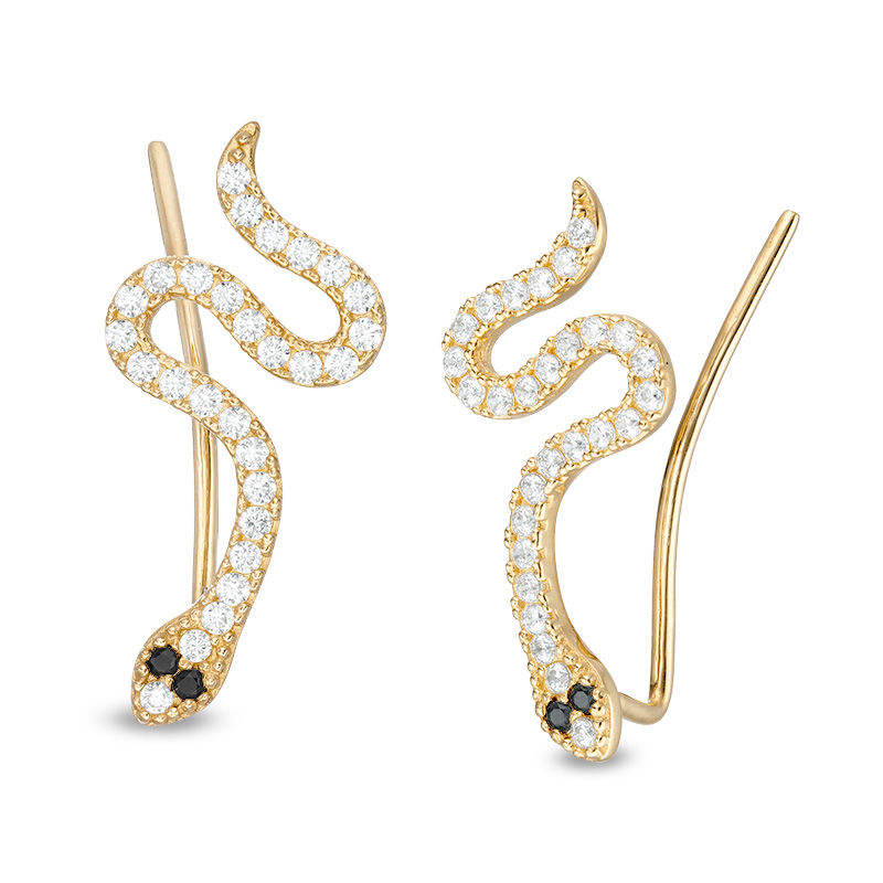 Main Image 1 of Black and White Cubic Zirconia Snake Crawler Earrings in 10K Gold