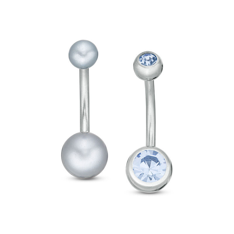 014 Gauge Simulated Blue Pearl and Crystal Two Piece Belly Button Ring Set in Stainless Steel and Brass