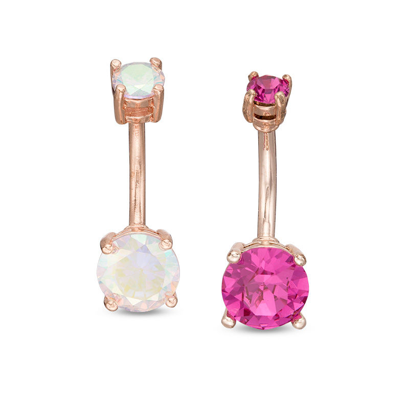 Rose Ion Plated Crystal Iridescent and Pink Belly Button Ring Set - 14G