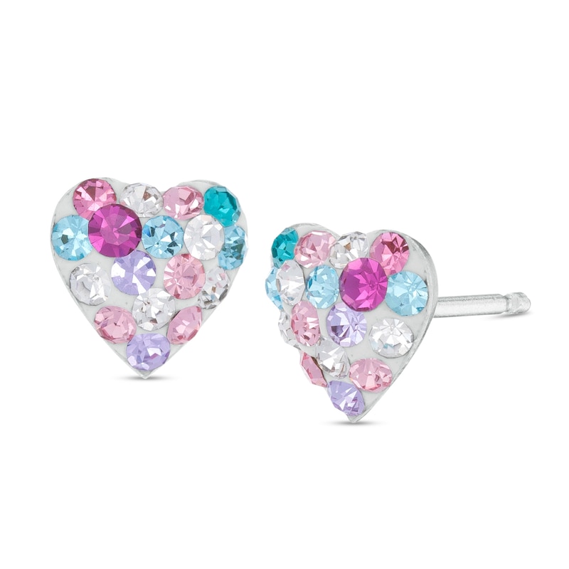 Child's Multi-Color Crystal Heart Stud Earrings in Sterling Silver