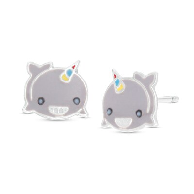 Child's Enamel Smiling Narwhal Stud Earrings in Sterling Silver