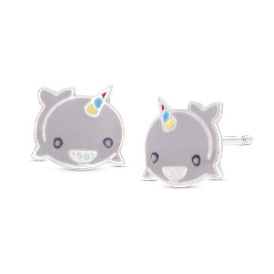Child's Enamel Smiling Narwhal Stud Earrings in Sterling Silver