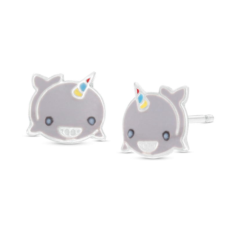 Child's Enamel Smiling Narwhal Stud Earrings in Sterling Silver