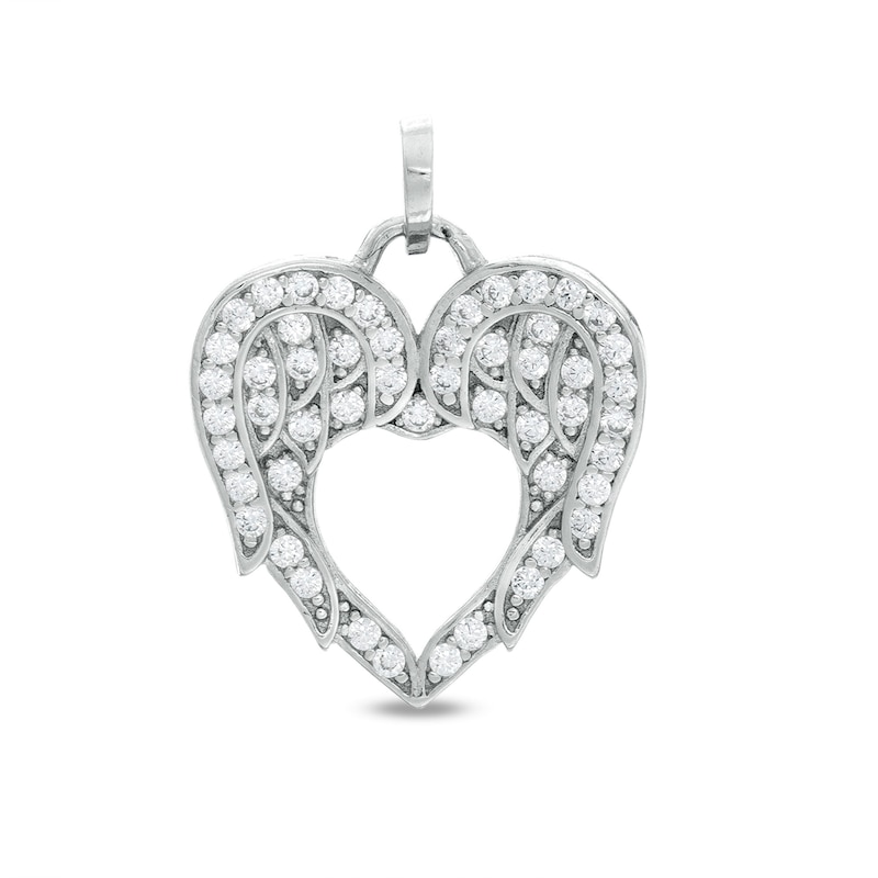 Cubic Zirconia Angel Wings with Heart Cut-Out Necklace Charm in Sterling Silver