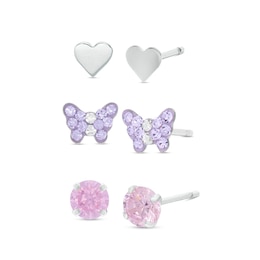 Child's Pink Cubic Zirconia, Purple and White Crystal Butterfly and Heart Stud Earrings Set in Solid Sterling Silver