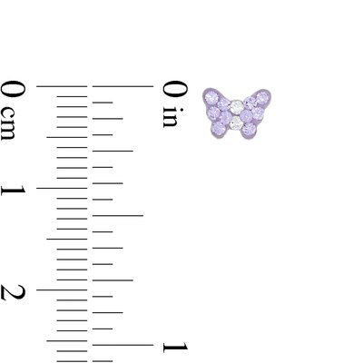 Child's Pink Cubic Zirconia, Purple and White Crystal Butterfly and Heart Stud Earrings Set in Solid Sterling Silver