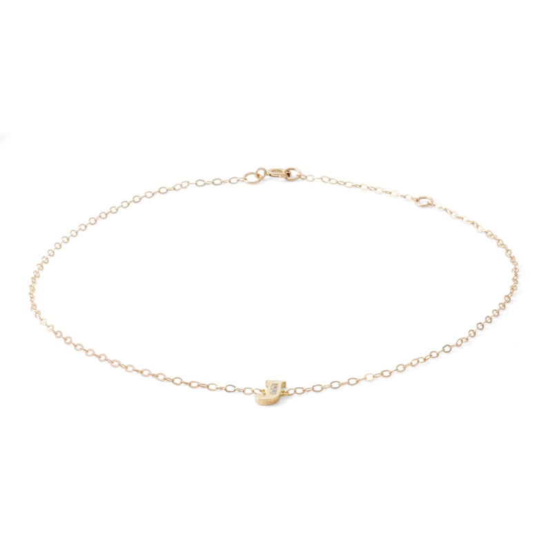 Cubic Zirconia Initial "J" Anklet in 10K Solid Gold - 10"