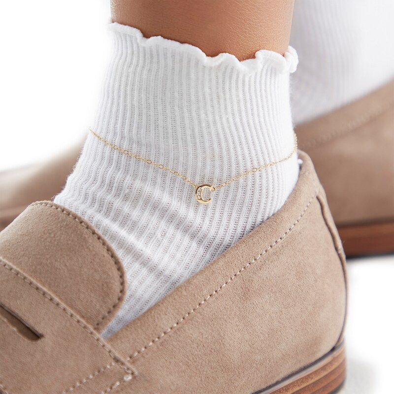 Cubic Zirconia Initial "C" Anklet in 10K Solid Gold - 10"