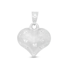 Diamond-Cut and Satin Puff Heart Necklace Charm in 10K White Gold