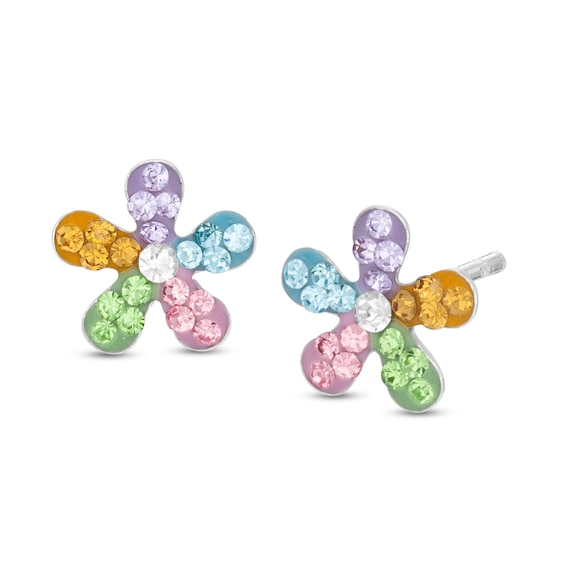 Child's Multi-Color Crystal Flower Stud Earrings in Sterling Silver