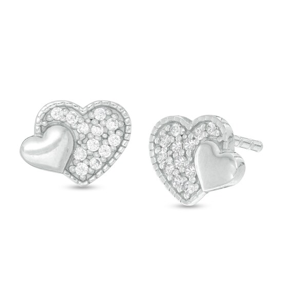 Child's Cubic Zirconia Composite Double Heart Stud Earrings in Sterling Silver