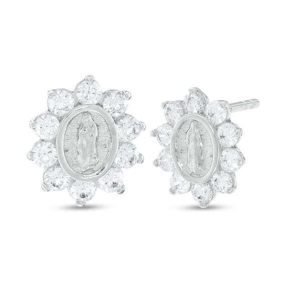 Cubic Zirconia Our Lady of Guadalupe Oval Starburst Frame Stud Earrings in Sterling Silver