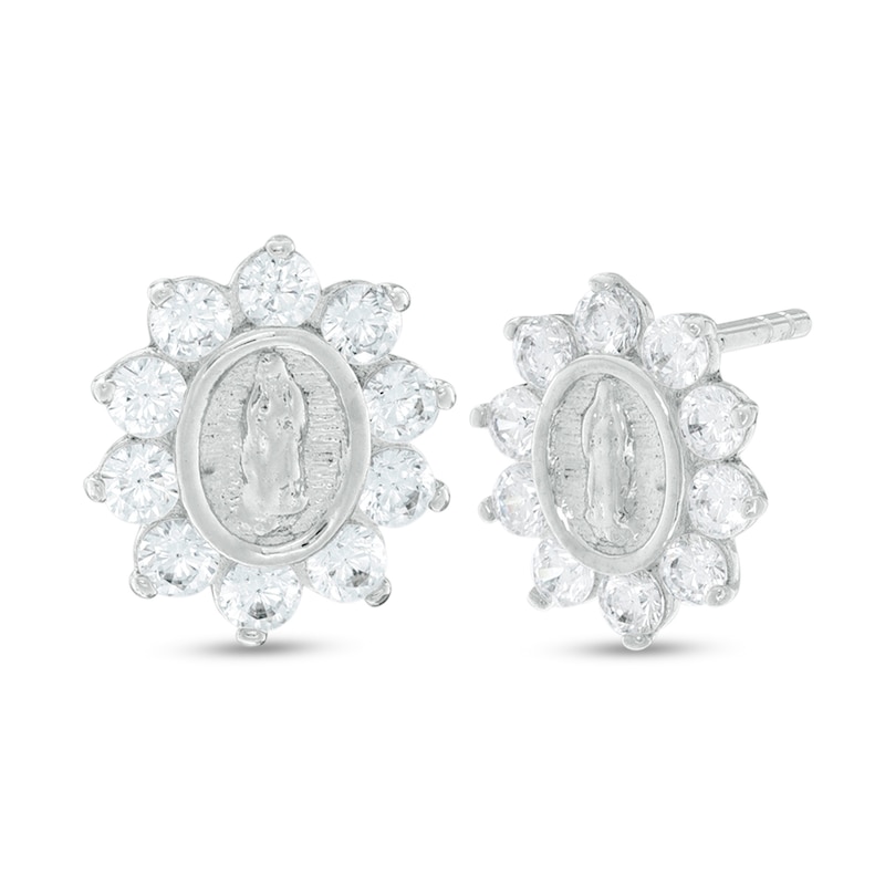 Cubic Zirconia Our Lady of Guadalupe Oval Starburst Frame Stud Earrings in Sterling Silver