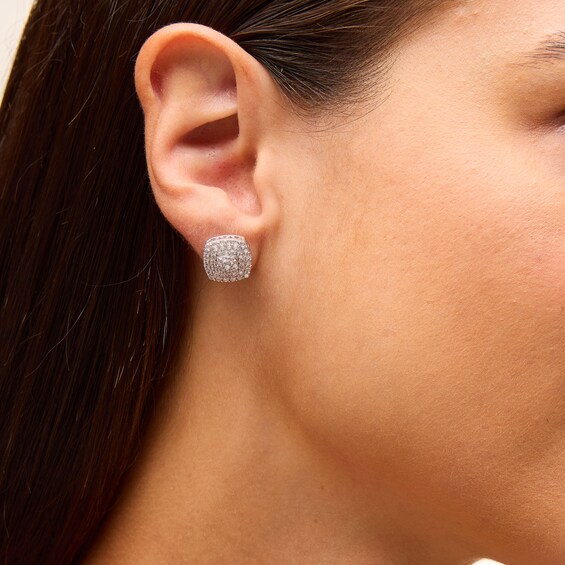 Cubic Zirconia Composite Cushion Frame Stud Earrings in Solid Sterling Silver