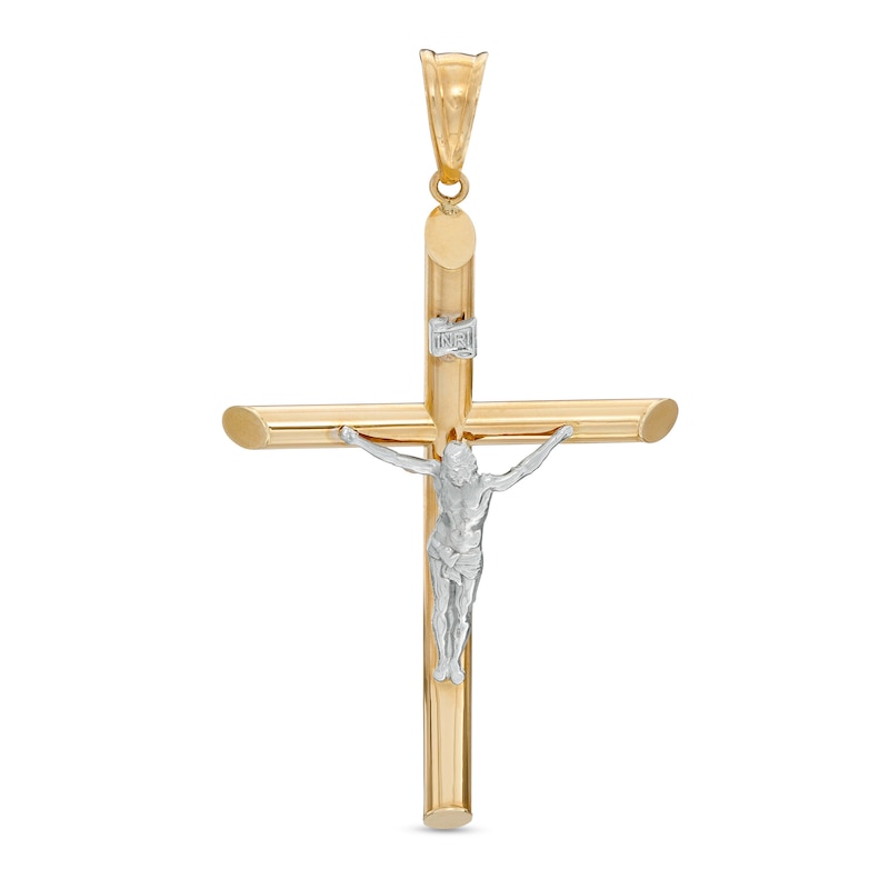 Main Image 1 of Large "INRI" Ribbon Wrapped Textured Crucifix Two-Tone Necklace Charm in 10K Gold