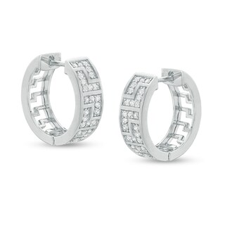 Cubic Zirconia Greek Key Huggie Hoop Earrings in Sterling Silver