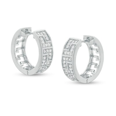 Cubic Zirconia Greek Key Huggie Hoop Earrings in Sterling Silver