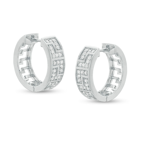 Cubic Zirconia Greek Key Huggie Hoop Earrings in Sterling Silver