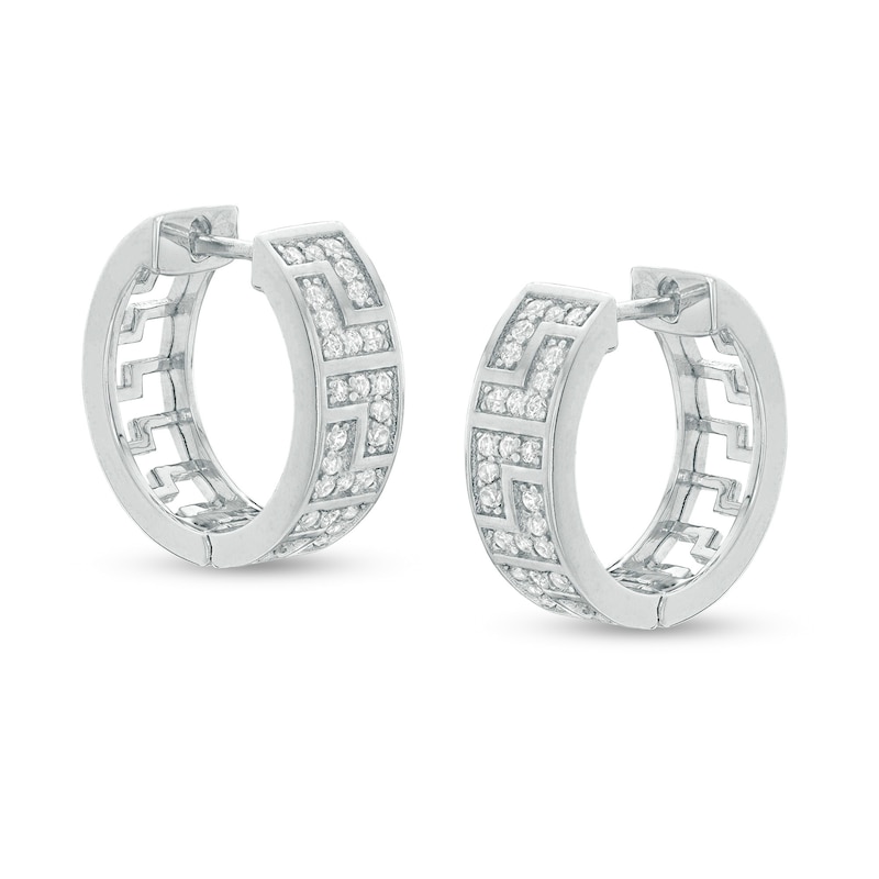 Cubic Zirconia Greek Key Huggie Hoop Earrings in Sterling Silver