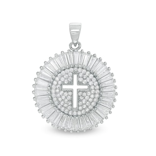 Solid Sterling Silver Baguette and Round CZ with Cut-Out Cross Disc Necklace Charm