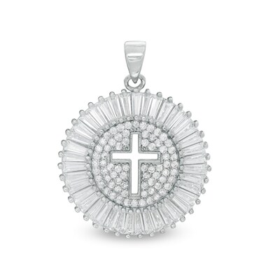Solid Sterling Silver Baguette and Round CZ with Cut-Out Cross Disc Necklace Charm
