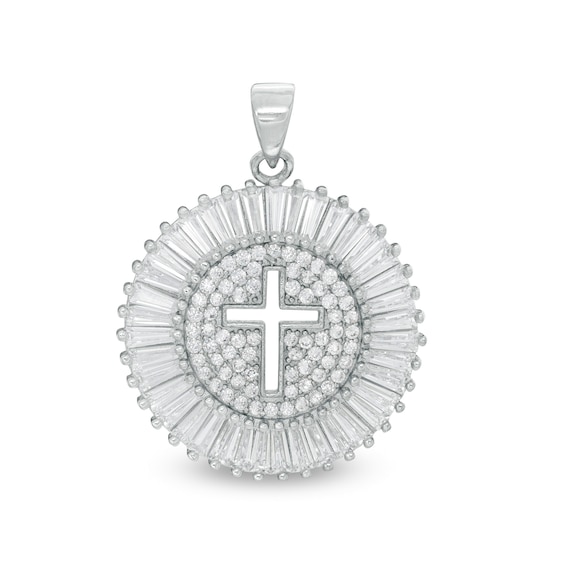 Baguette and Round Cubic Zirconia Disc with Cut-Out Cross Necklace Charm in Solid Sterling Silver