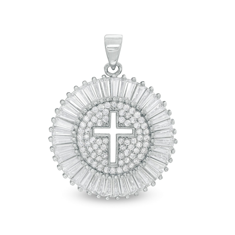 Solid Sterling Silver Baguette and Round CZ with Cut-Out Cross Disc Necklace Charm