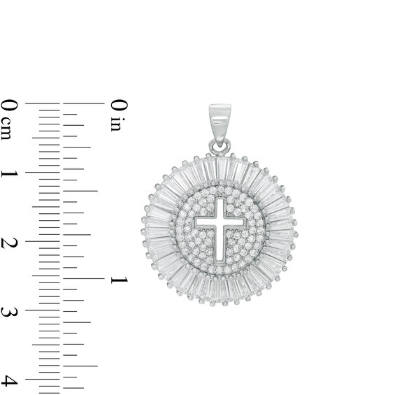 Solid Sterling Silver Baguette and Round CZ with Cut-Out Cross Disc Necklace Charm