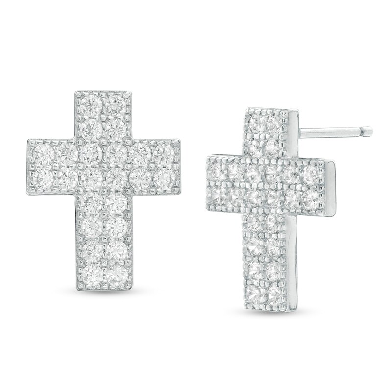 Main Image 1 of Cubic Zirconia Cluster Cross Stud Earrings in Sterling Silver