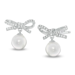 7mm Freshwater Cultured Pearl and Cubic Zirconia Bow Drop Earrings in Sterling Silver