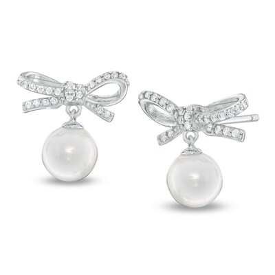 7mm Freshwater Cultured Pearl and Cubic Zirconia Bow Drop Earrings in Sterling Silver