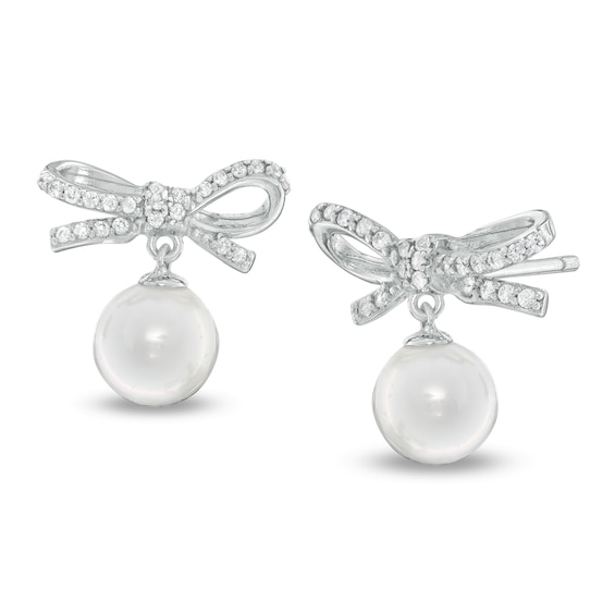 7mm Freshwater Cultured Pearl and Cubic Zirconia Bow Drop Earrings in Sterling Silver