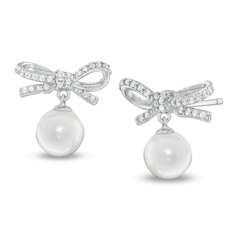 7mm Freshwater Cultured Pearl and Cubic Zirconia Bow Drop Earrings in Sterling Silver