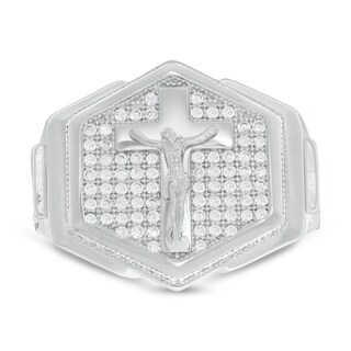 Crucifix and Cubic Zirconia Hexagonal Ring in Sterling Silver - Size 10
