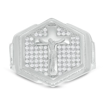 Crucifix and Cubic Zirconia Hexagonal Ring in Sterling Silver - Size 10
