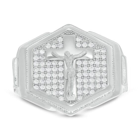 Crucifix and Cubic Zirconia Hexagonal Ring in Sterling Silver - Size 10