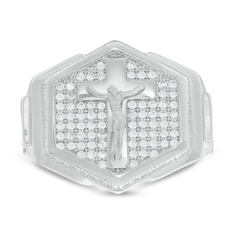 Crucifix and Cubic Zirconia Hexagonal Ring in Sterling Silver - Size 10