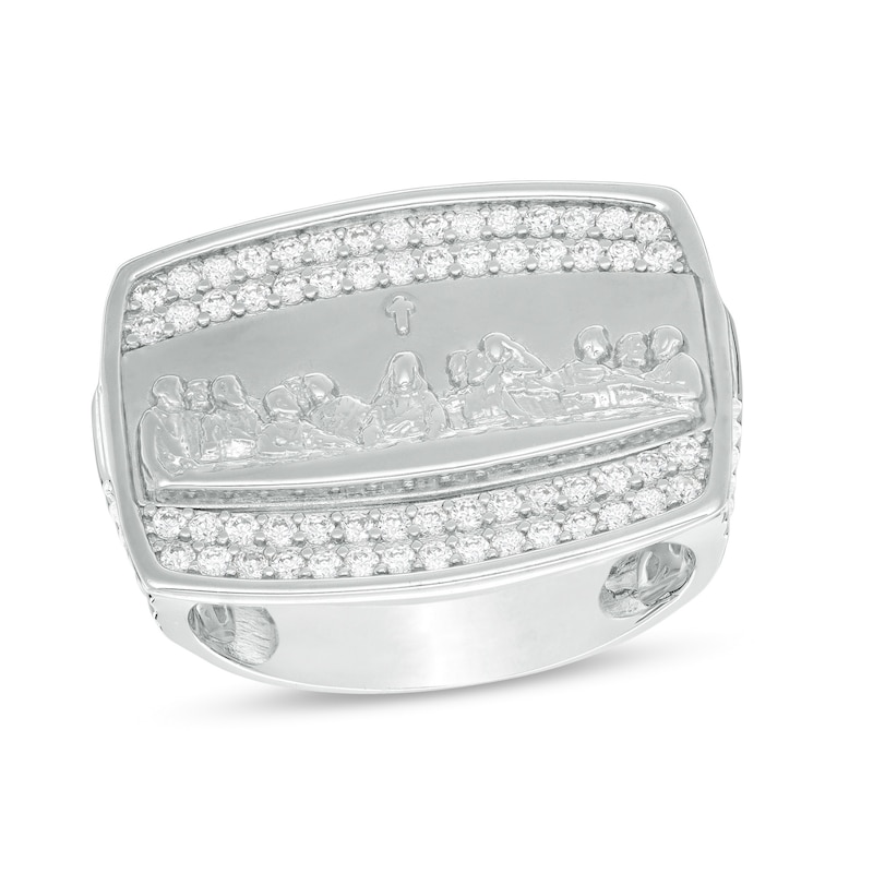 Cubic Zirconia Double Row Border Last Supper Ring in Sterling Silver - Size 10