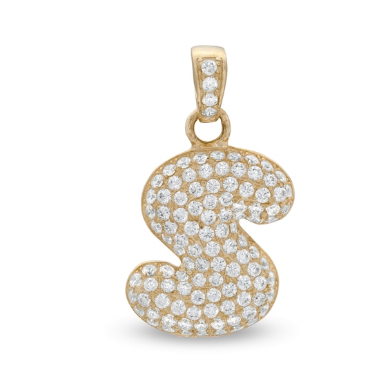Cubic Zirconia Puffed "S" Necklace Charm in 10K Semi-Solid Gold