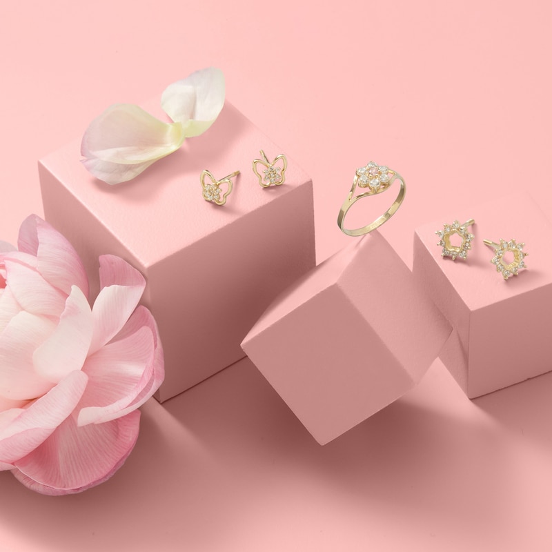Main Image 2 of Child's Cubic Zirconia Open Flower Starburst Frame Stud Earrings in 10K Gold