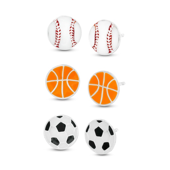 Child's Multi-Color Enamel Sport Ball Stud Earrings Set in Sterling Silver