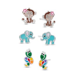 Child's Multi-Color Enamel Jungle Animals Stud Earrings Set in Sterling Silver