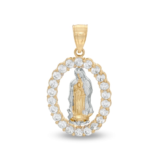 Cubic Zirconia Virgin Mary Oval Frame Necklace Charm in 10K Solid Two-Tone Gold