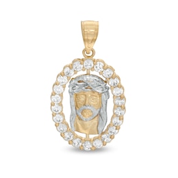 Cubic Zirconia Jesus Head Oval Frame Necklace Charm in 10K Two-Tone Gold