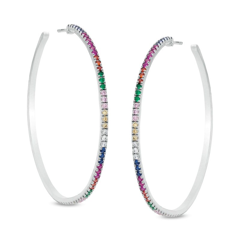 Main Image 1 of 50mm Multi-Color Cubic Zirconia Rainbow Hoop Earrings in Sterling Silver