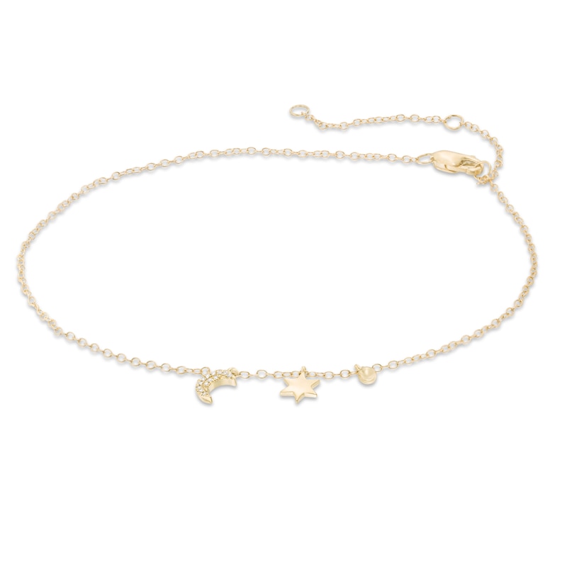 Diamond Accent Crescent Moon, Star and Bead Dangle Anklet in 10K Gold - 10"