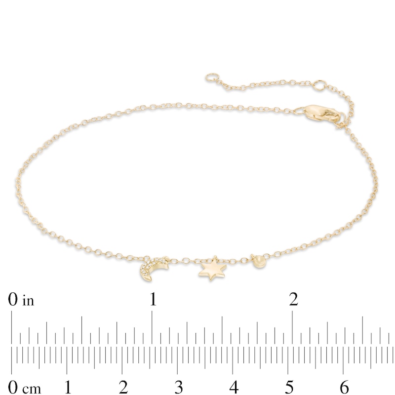 Diamond Accent Crescent Moon, Star and Bead Dangle Anklet in 10K Gold - 10"